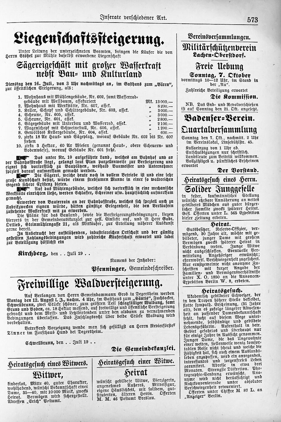 Buchseite mit Musteranzeigen, darunter Heiratsgesuche eines Junggesellen, eines Witwers und einer Witwe